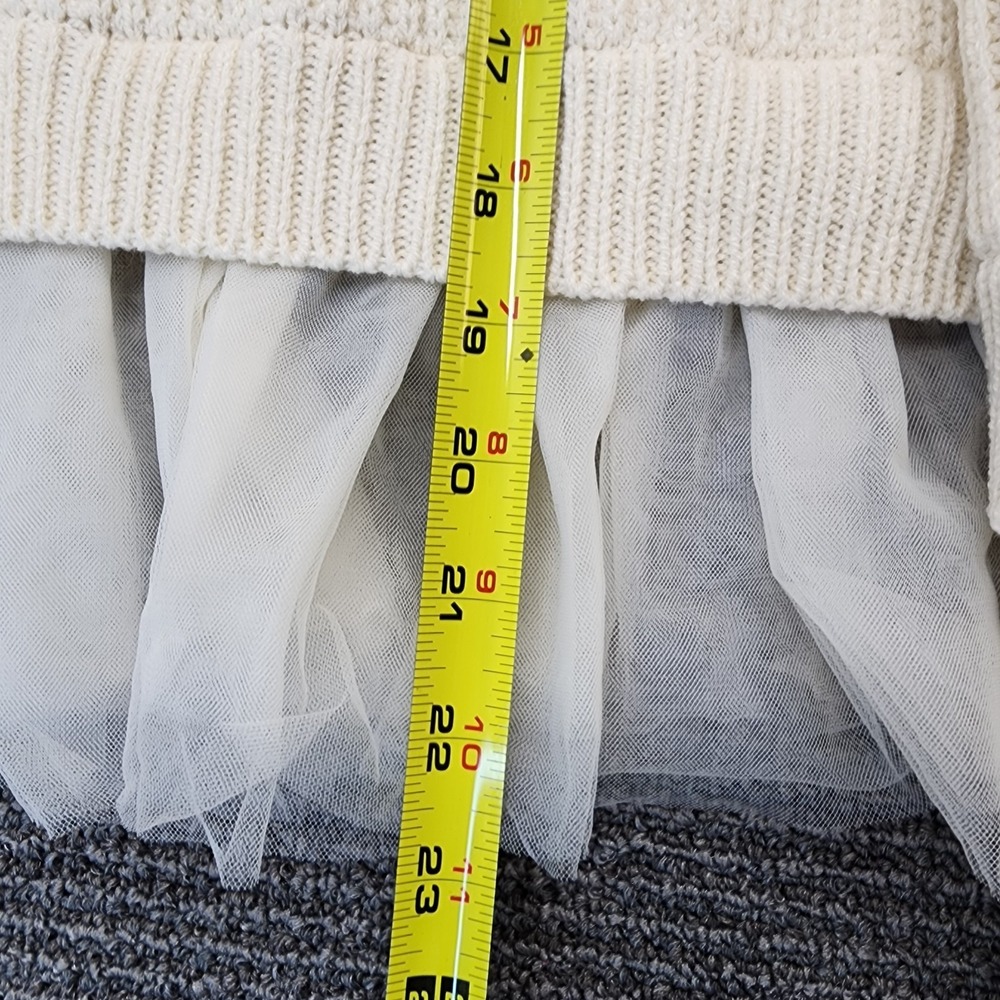 Cream Rib-Knit Open Front Cardigan Tulle Ruffle Hem Coquette Feminine Romantic - Picture 10 of 10